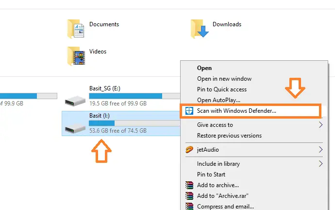 Scan USB with Windows Defender 