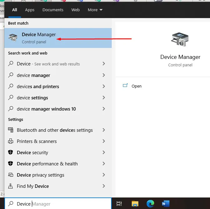 opening device manager through the windows search bar