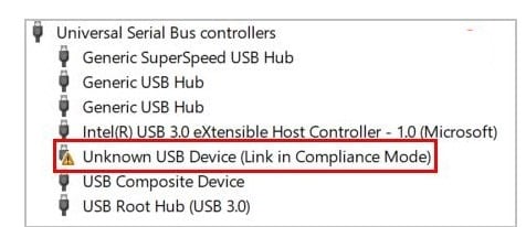unknown usb device drivers error inside usb controllers drivers