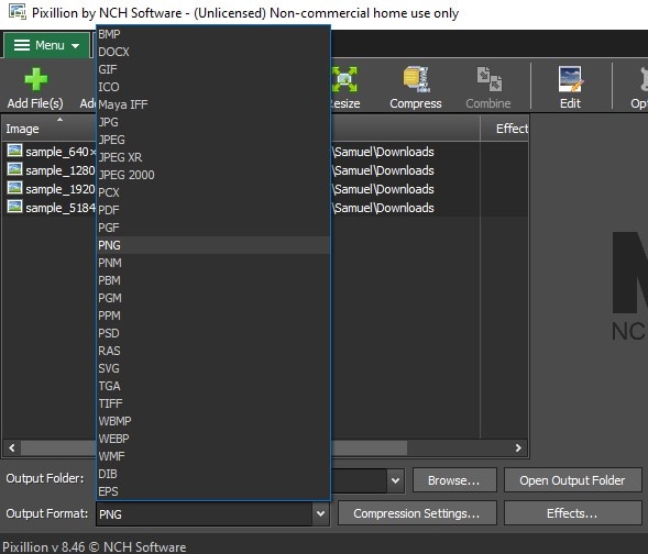 select png as output format