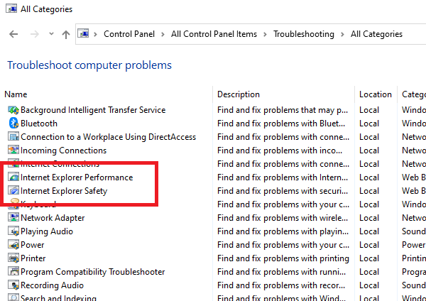 vista del panel de control, seleccionando las opciones de solución de problemas