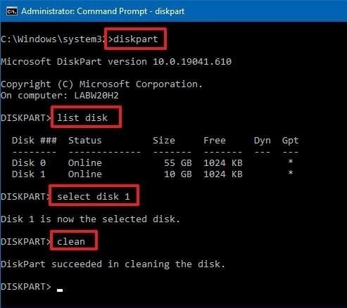 clean a drive with diskpart utility