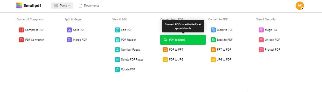 wait for smallpdf to reconstruct the pdf files to excel format