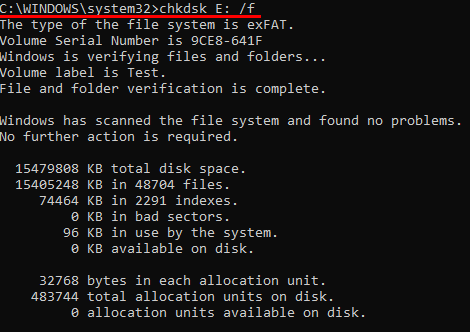 command prompt with chkdsk command