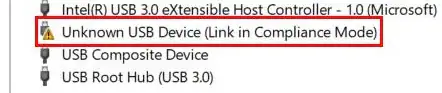 Un icono amarillo en el administrador de dispositivos mostrando error de enlace de dispositivo usb desconocido