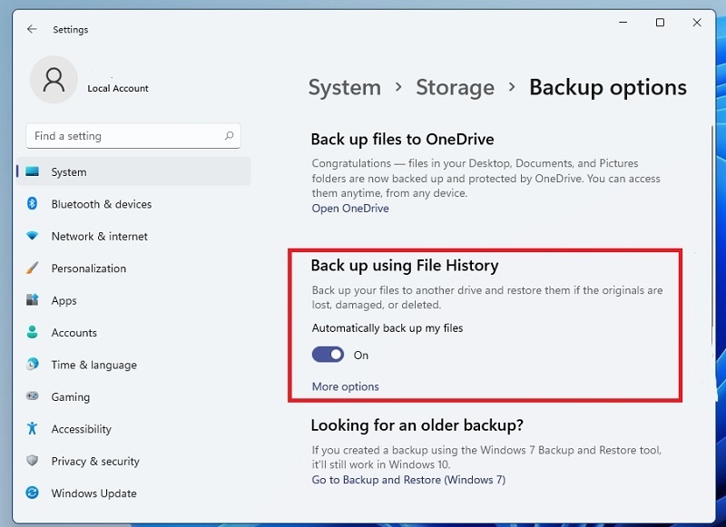 Backup using file history