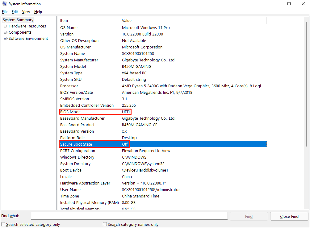 checking secure boot status from system summary