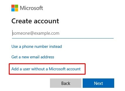 tap on add a user without a microsoft account