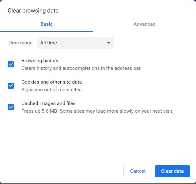 clear your browsing and cache data