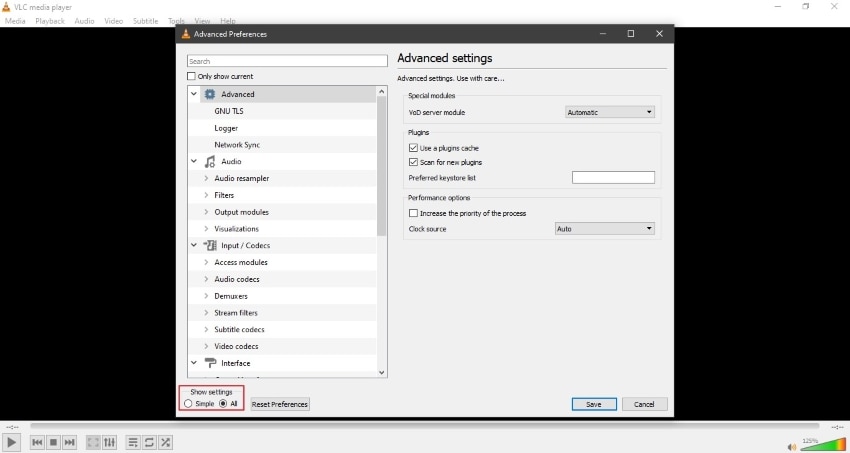 access vlc advanced settings