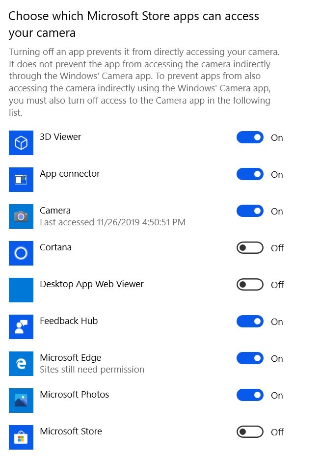turn on camera from microsoft apps