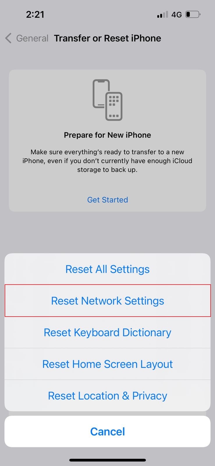 click on reset network settings