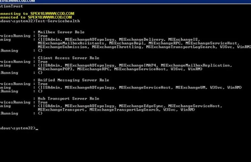 ejecuta el comando test-servicehealth en el shell de administración de exchange