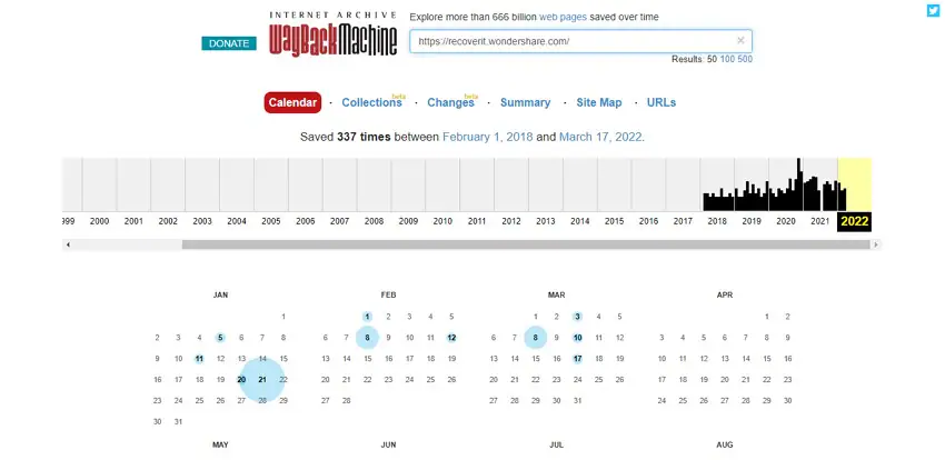 calendrier de l'instantané du site affiché