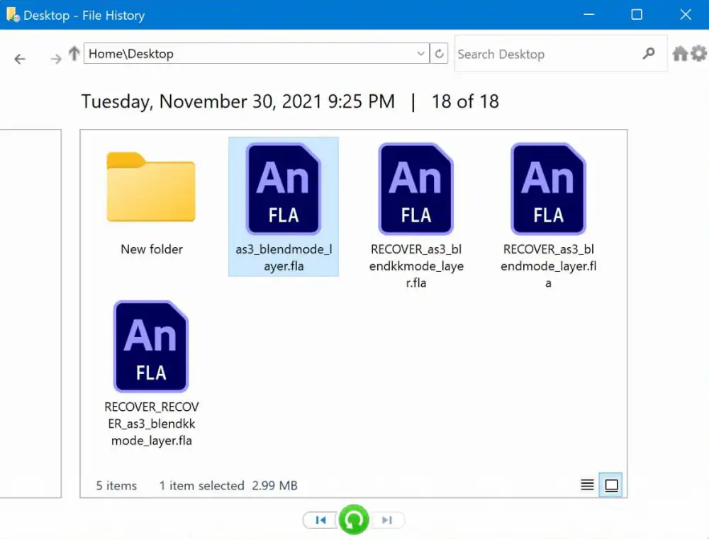 restore lost fla files from file history backup