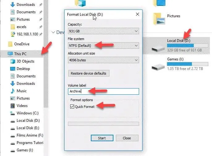 format a drive in windows