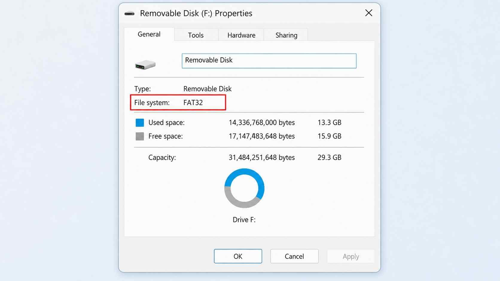windows removable disk properties dialog showing file system fat32 for a 3ds sd card