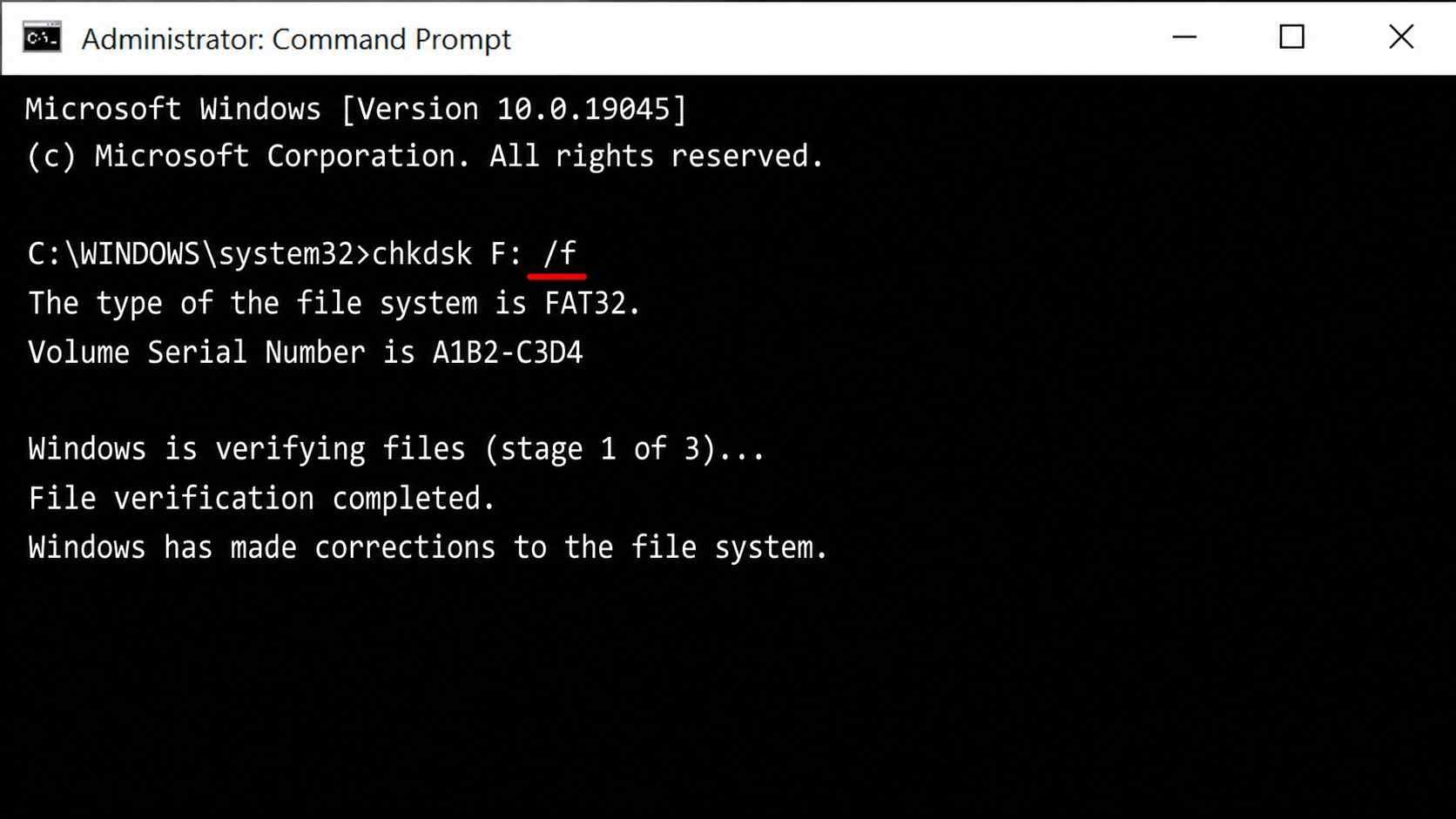 windows command prompt running chkdsk f slash f on a 3ds sd card showing file system corrections completed