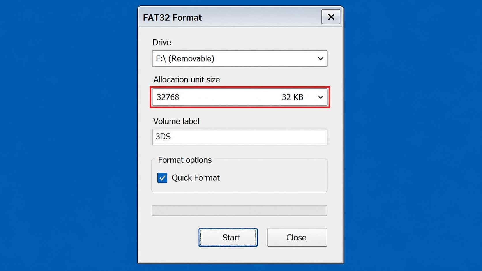 ridgecrop guiformat fat32 utility dialog with allocation unit size set to 32 kb for a 3ds sd card