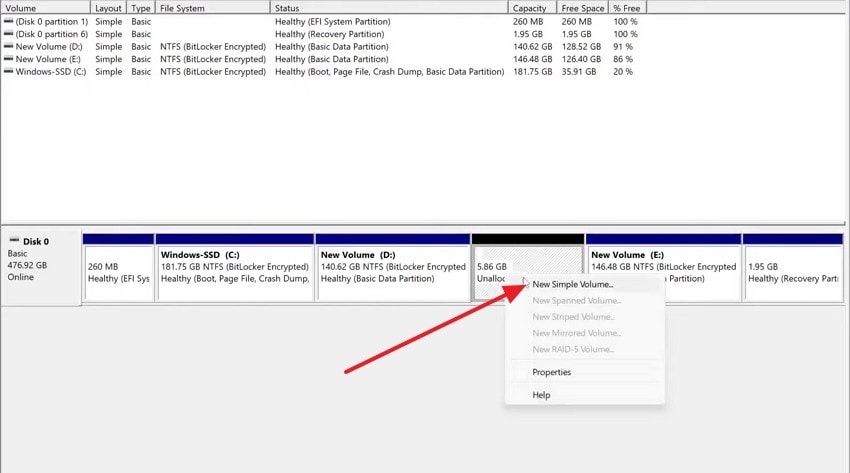 right click to choose new simple volume