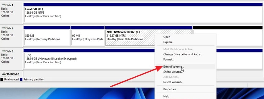 select the extend volume option