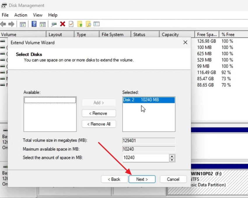 press next in extend volume wizard