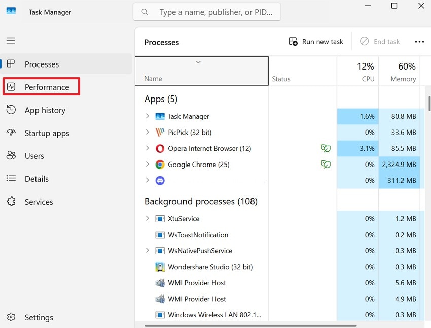 navigate to performance option