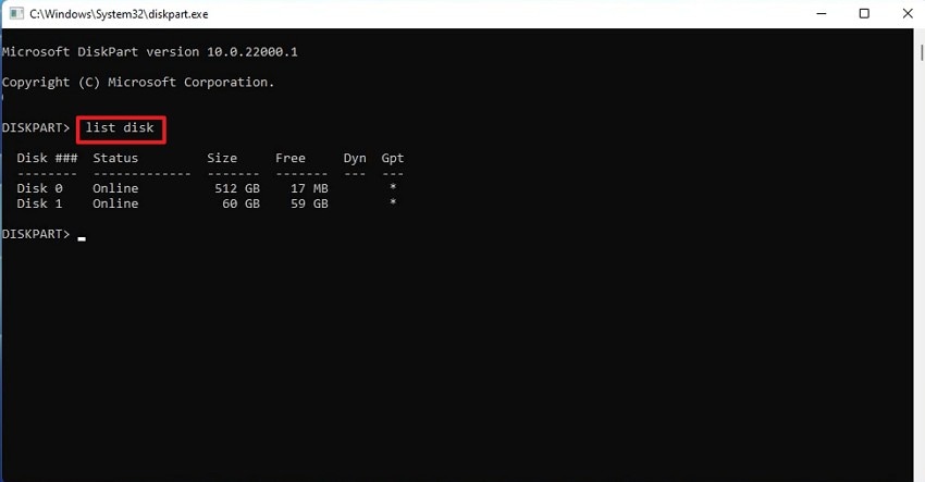 type list disk and press enter