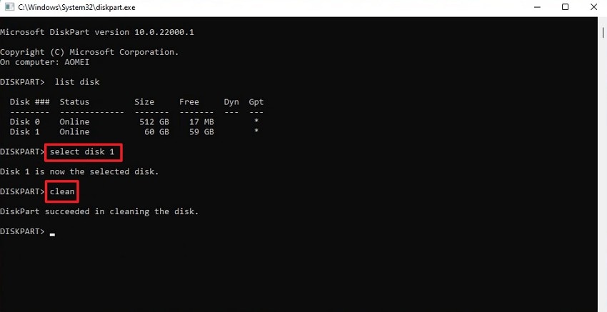 enter select disk and clean commands