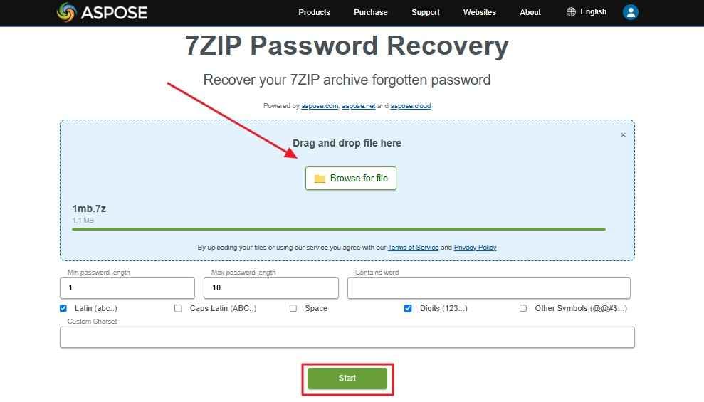 Aspose Password Recovery에서 7z 파일 업로드하기