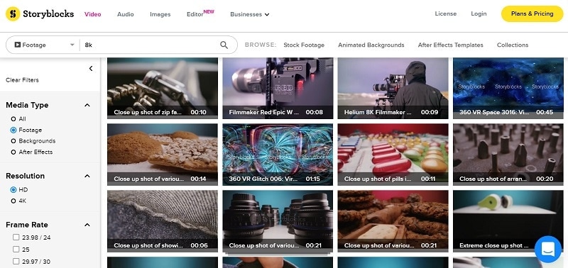 storyblocks historical footage results page with search and media filters