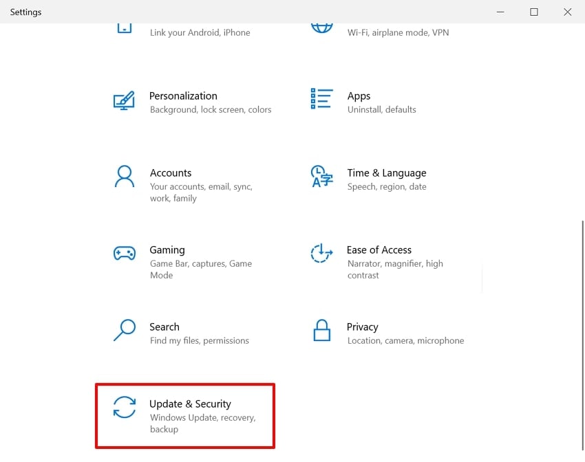 choose update and security option