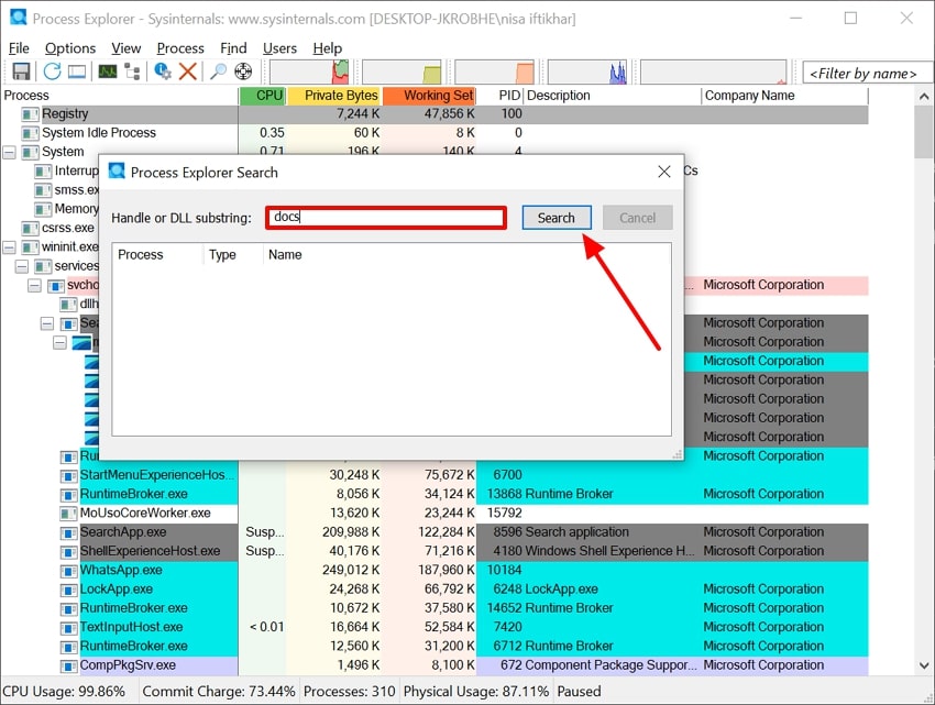 search for desired file
