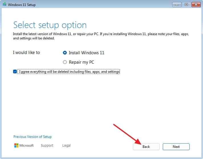 windows setup back option before installation