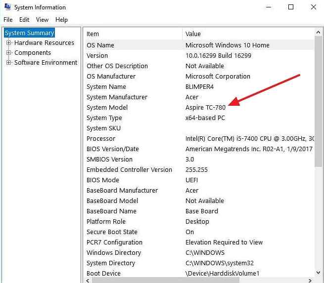 system information showing acer model