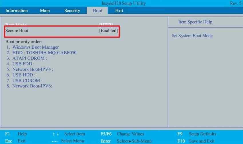 secure boot setting enabled in acer bios