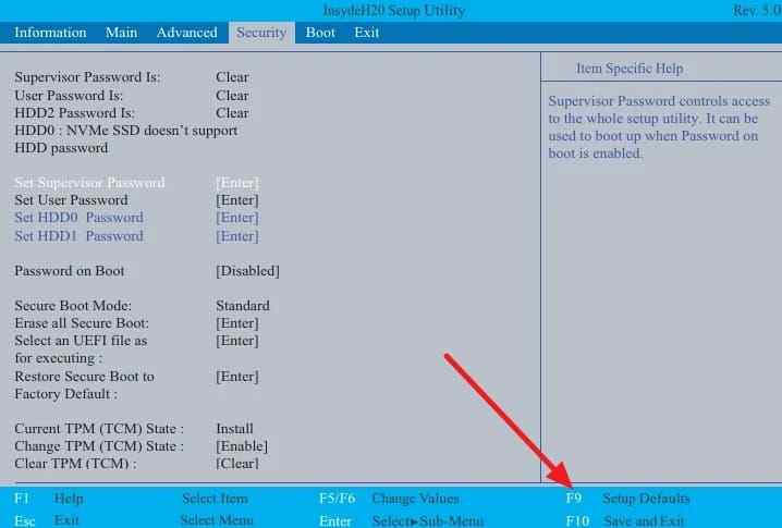f9 setup defaults option in acer bios