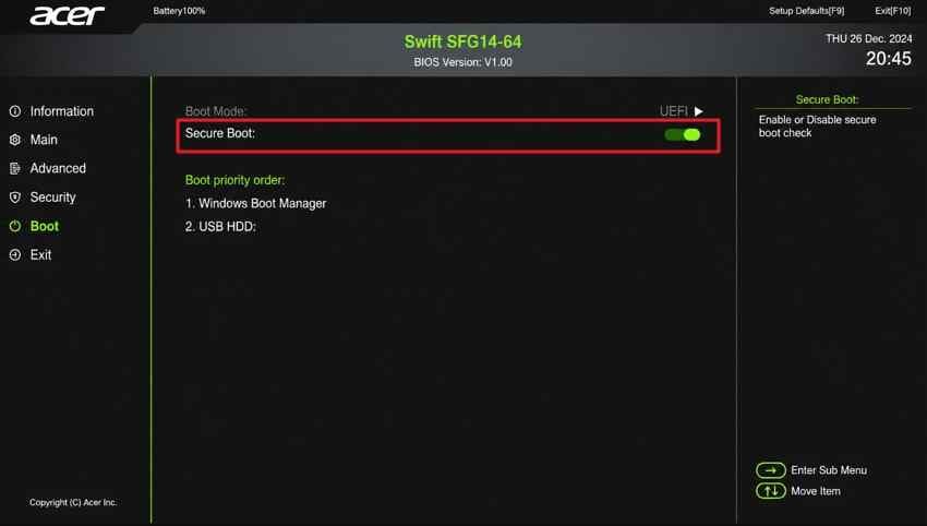 secure boot setting in acer desktop bios