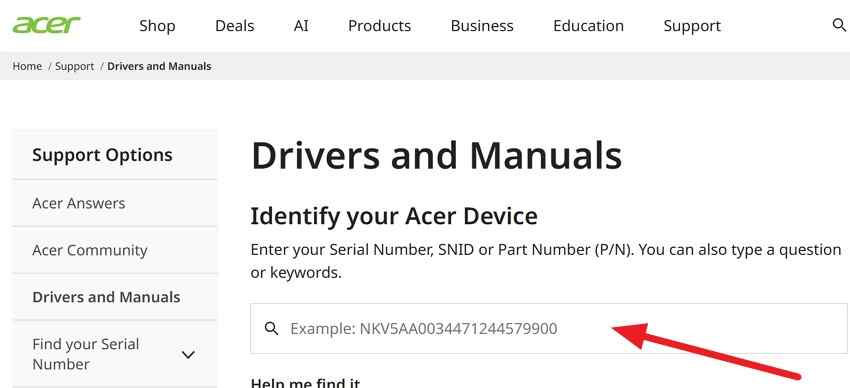 acer drivers and manuals page