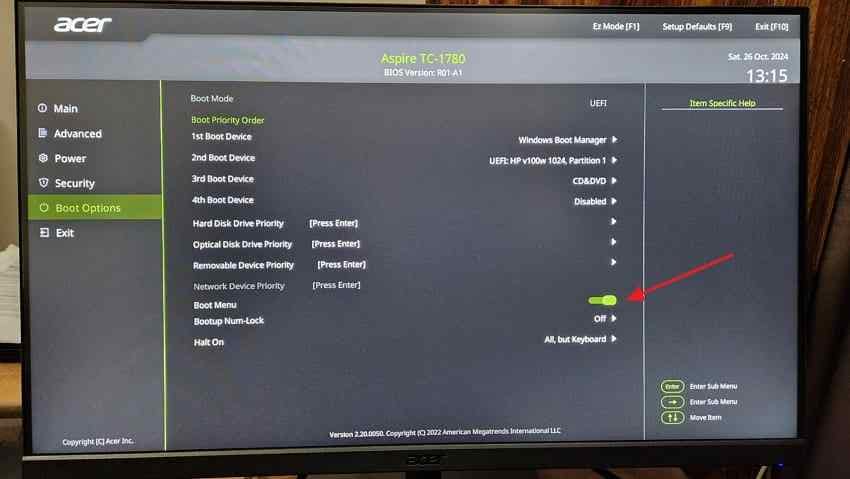acer desktop bios boot options screen
