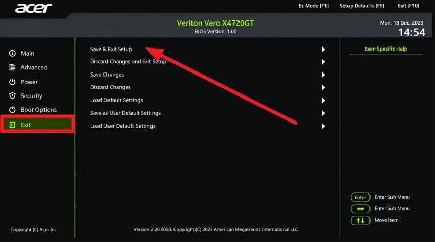 save and exit acer desktop bios