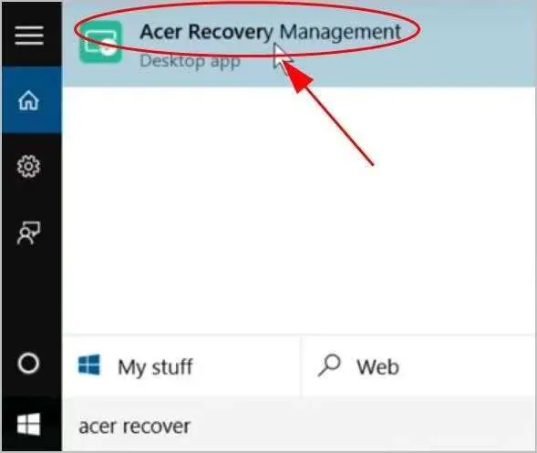 opening acer erecovery management from search