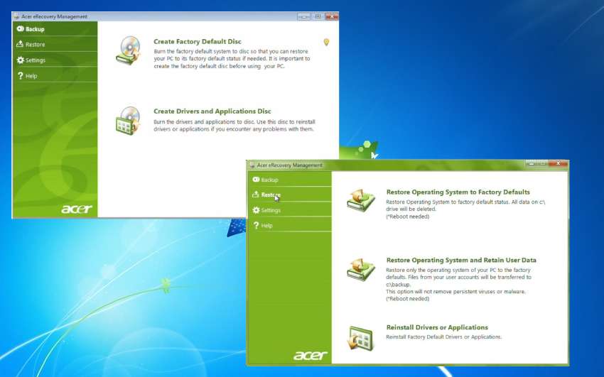 acer erecovery management on windows 7