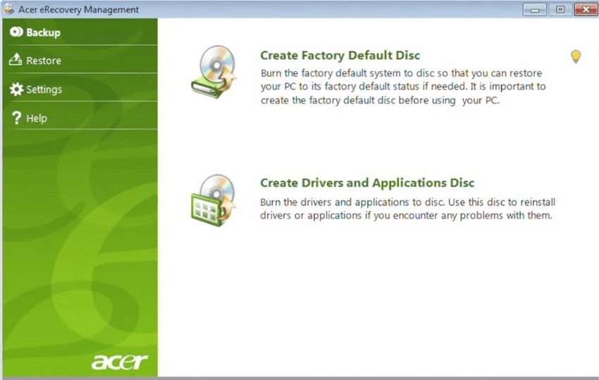 acer erecovery management backup features