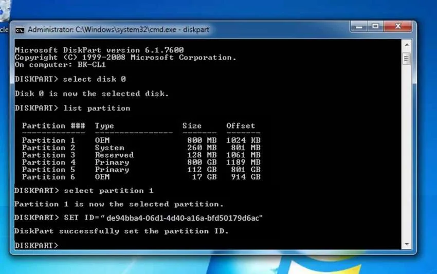 cambiar ids de partición oem en diskpart