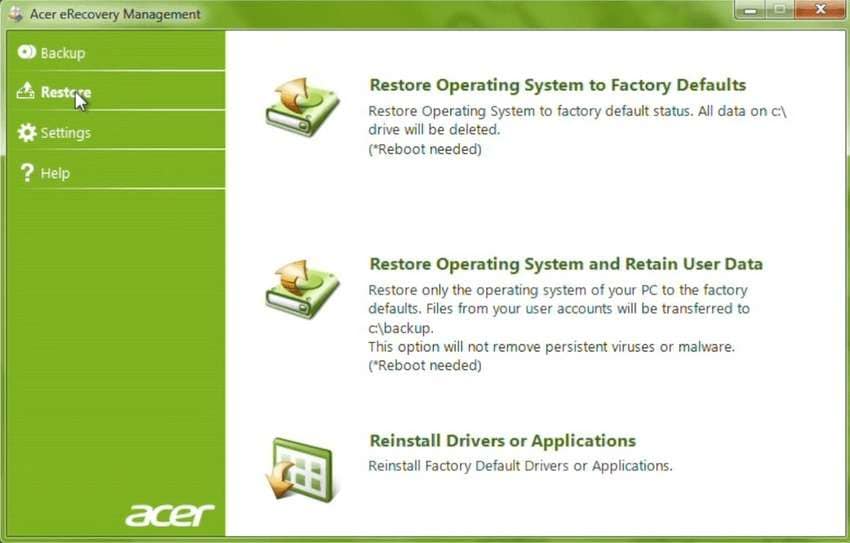acer erecovery management restore features