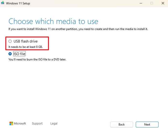 choose usb flash drive for windows installation media