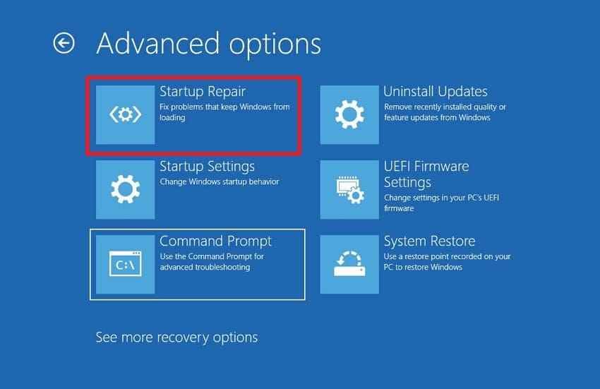startup repair in windows recovery advanced options