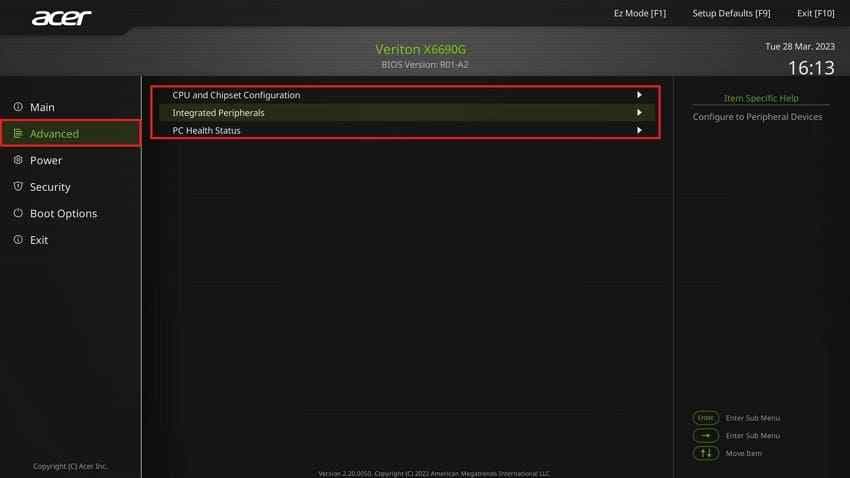 acer advanced bios submenu options
