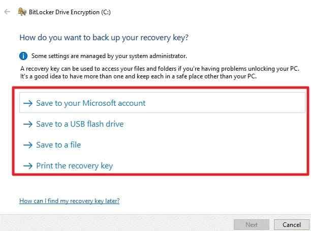 bitlocker recovery key backup choices